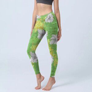 floral yellow-green Buddha stones leggings, size L